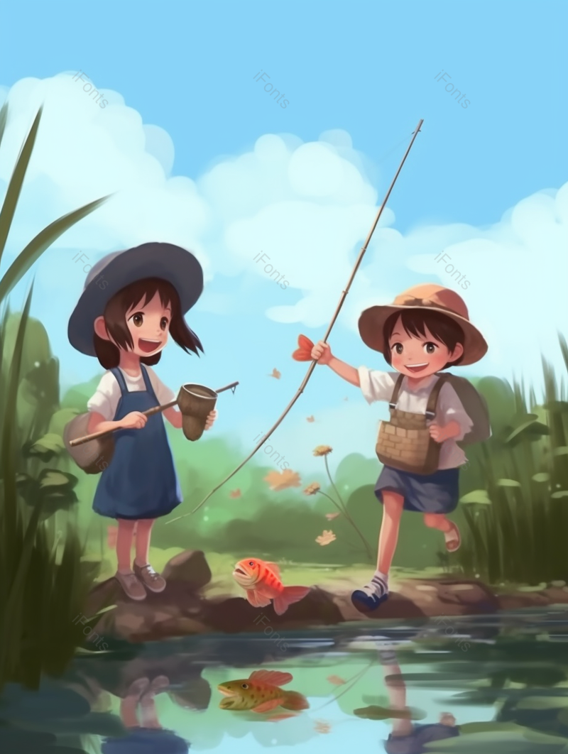 河边钓鱼捕鱼的男女孩手绘插画图,插画/手绘图,插画/手绘图库,插画/手绘图下载,插画/手绘